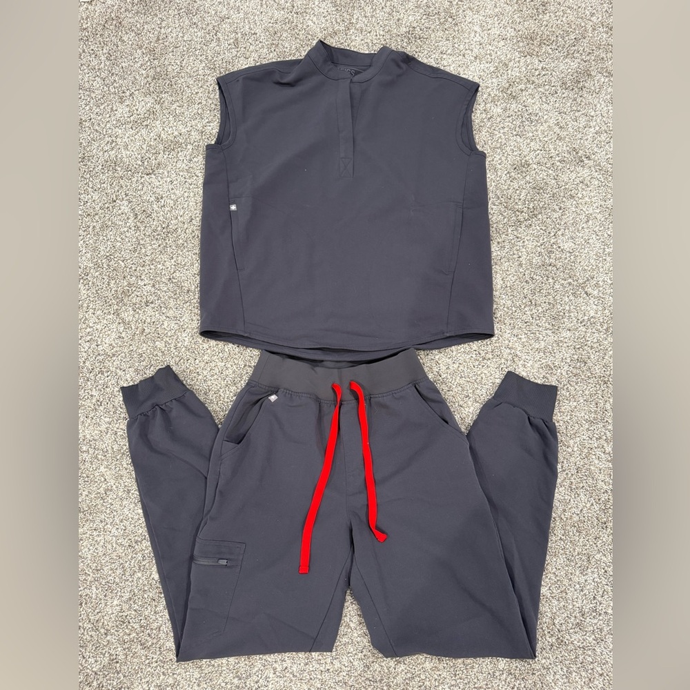 Figs Women's Dark Charcoal Sleeveless Top and Jogger Set with Red Drawstring